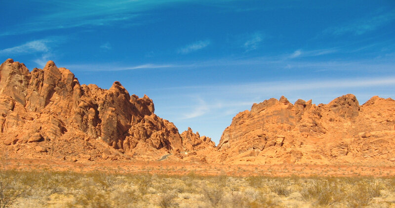 Red Rock Formations — Blue, Arid, Afternoon, Photograph, Desert