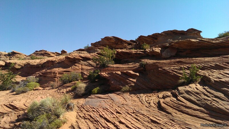 Red Rock Formations — Blue, Arid, Afternoon, Photograph, Plants