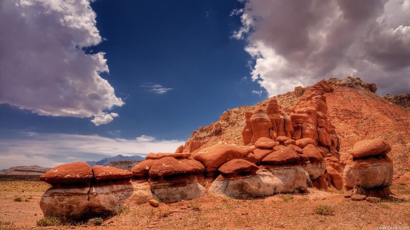 Red Rock Formations — Blue, Dramatic, Afternoon, Photograph, Clouds, Desert, Mountains