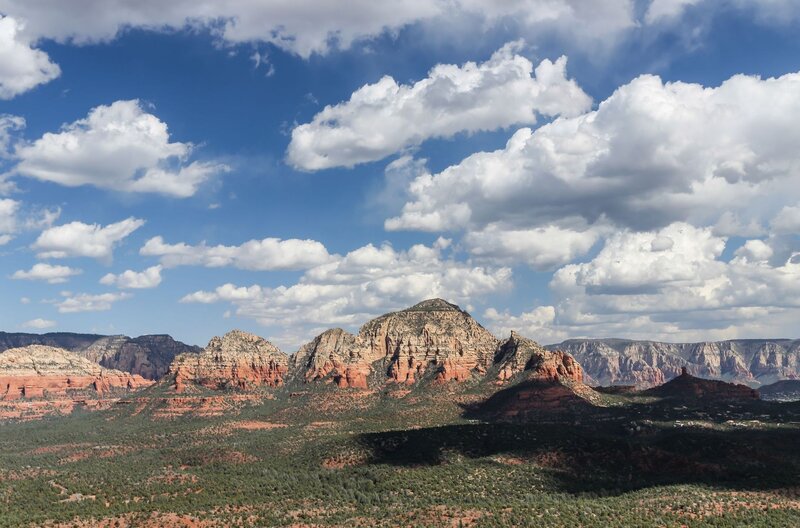 Red Rock Formations — Blue, Dramatic, Afternoon, Photograph, Mountains, Clouds