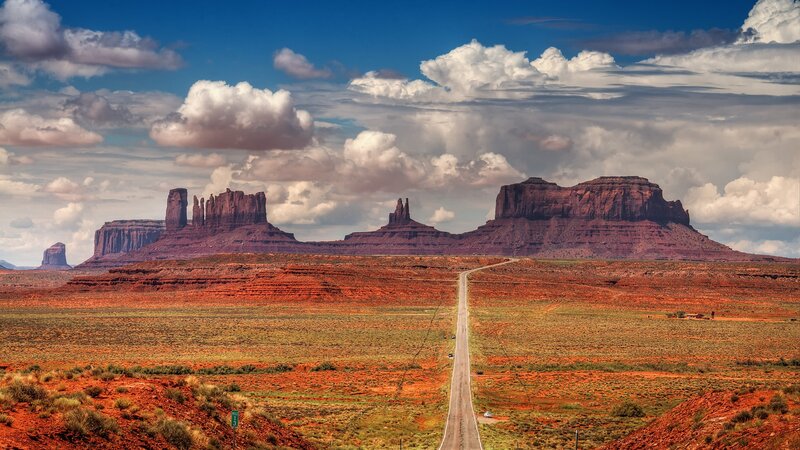 Red Rock Formations — Blue, Dramatic, Afternoon, Photograph, Road, Clouds, Desert