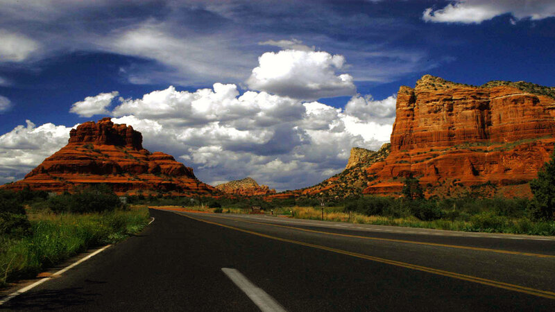 Red Rock Formations — Blue, Dramatic, Afternoon, Photograph, Road