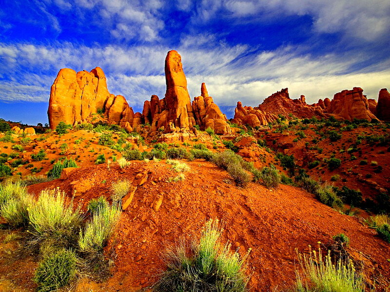 Red Rock Formations — Blue, Dramatic, Afternoon, Photograph, Sandstone