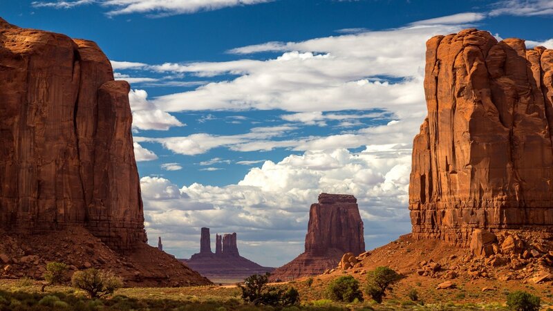Red Rock Formations — Blue, Dramatic, Afternoon, Photograph, Sky, Clouds, Trees