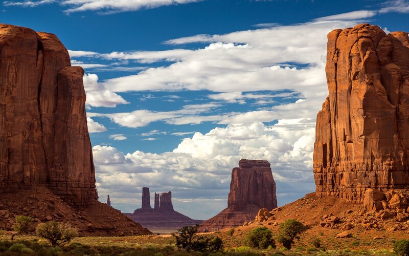 Red Rock Formations — Blue, Dramatic, Afternoon, Photograph, Sky, Clouds, Vegetation