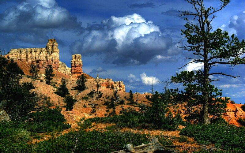 Red Rock Formations — Blue, Dramatic, Afternoon, Photograph, Trees, Clouds