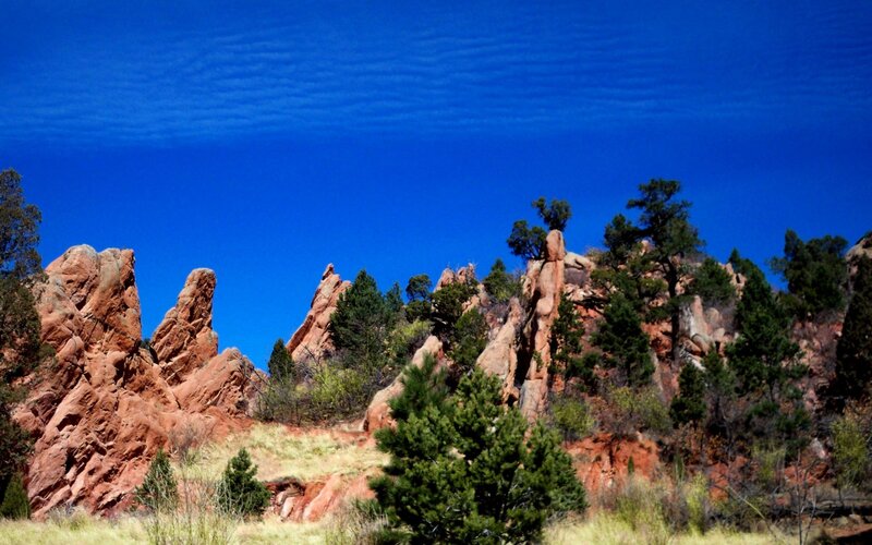 Red Rock Formations — Blue, Dramatic, Afternoon, Photograph, Trees, Sky