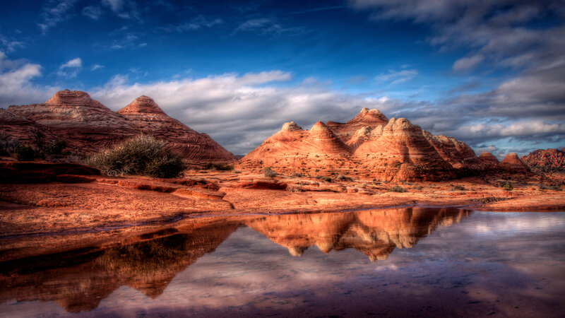 Red Rock Formations — Blue, Dramatic, Sunset, Photograph, Mountains, Water