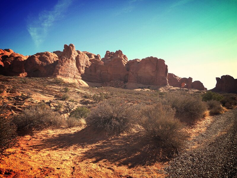 Red Rock Formations — Blue, Serene, Afternoon, Photograph, Desert, Bushes