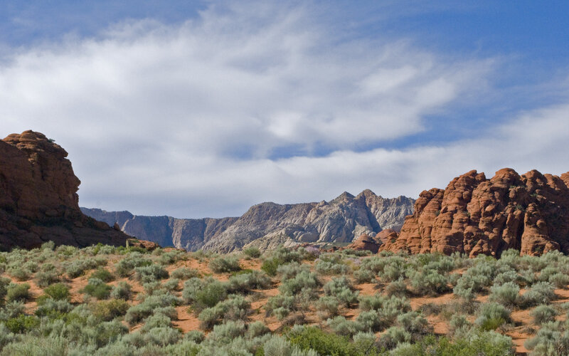 Red Rock Formations — Blue, Serene, Afternoon, Photograph, Mountains, Shrubs