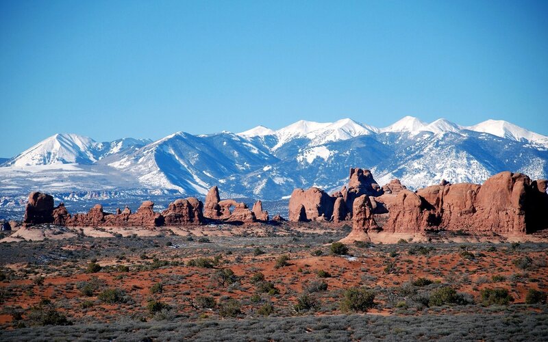 Red Rock Formations — Blue, Serene, Afternoon, Photograph, Mountains, Snow, Desert