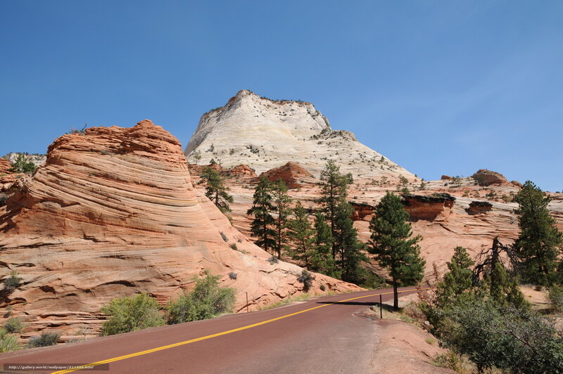 Red Rock Formations — Blue, Serene, Afternoon, Photograph, Road, Trees, Mountain