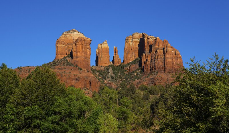 Red Rock Formations — Blue, Serene, Afternoon, Photograph, Trees, Mountain
