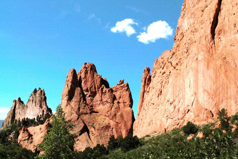 Red Rock Formations — Blue, Serene, Afternoon, Photograph, Trees, Sky, Clouds