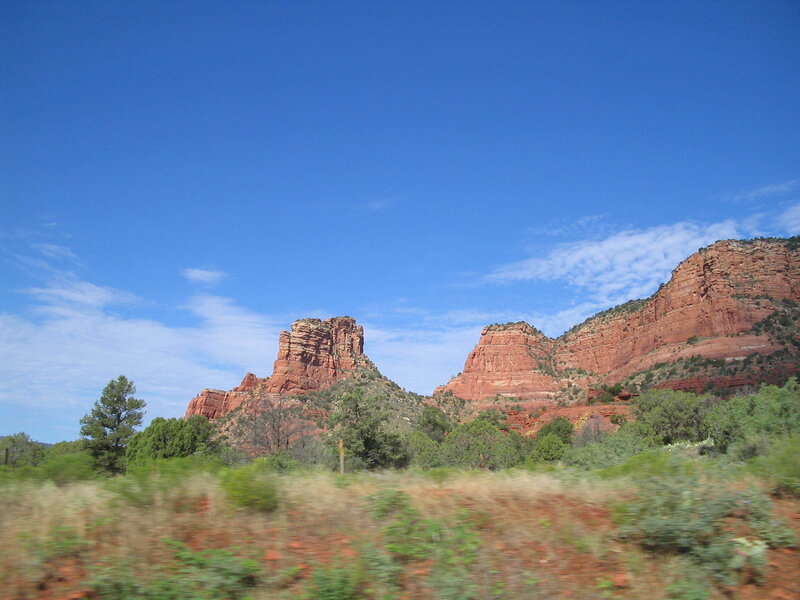 Red Rock Formations — Blue, Serene, Afternoon, Photograph, Trees, Sky, Mountains, Green