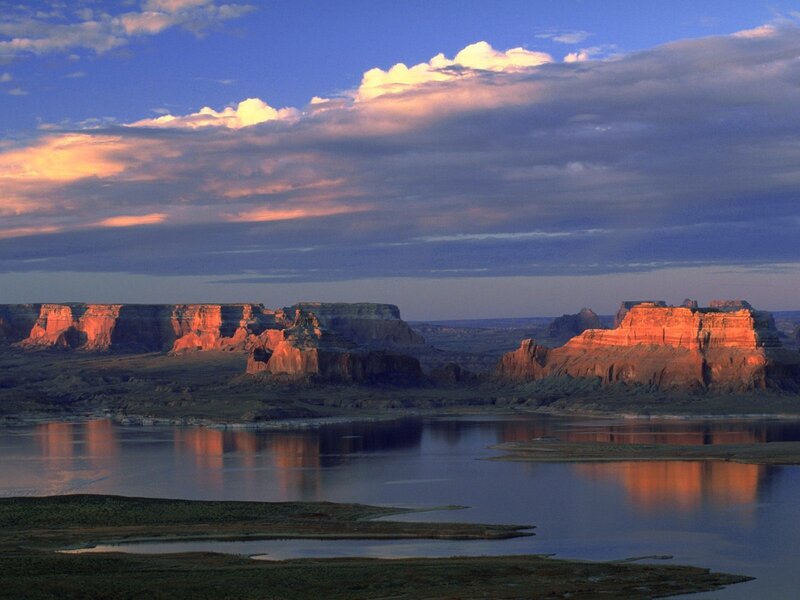 Red Rock Formations — Blue, Serene, Sunset, Photograph, Lake