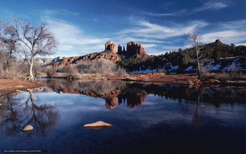 Red Rock Formations — Blue, Serene, Winter, Photograph, River, Trees