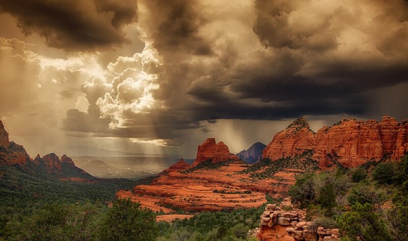 Red Rock Formations — Brown, Dramatic, Afternoon, Photograph, Clouds, Mountains