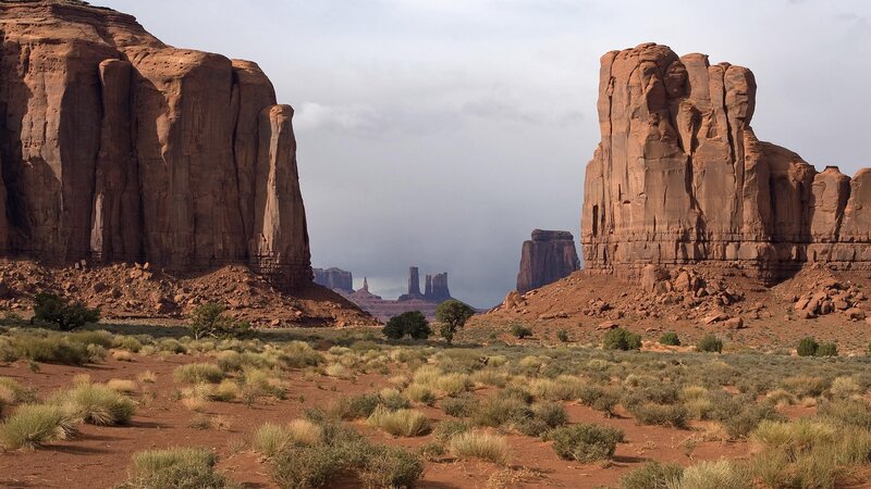 Red Rock Formations — Brown, Dramatic, Afternoon, Photograph, Desert, Sky, Vegetation