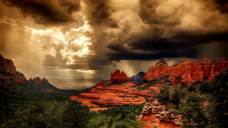 Red Rock Formations — Dramatic, Afternoon, Photograph, Clouds, Sunlight