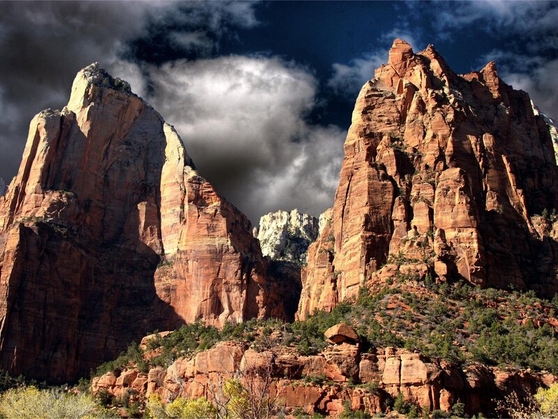 Red Rock Formations — Dramatic, Afternoon, Photograph, Clouds, Vegetation, Mountains