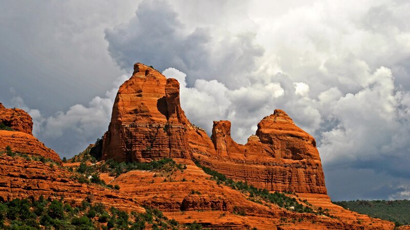 Red Rock Formations — Dramatic, Afternoon, Photograph, Clouds, Vegetation, Mountains, White