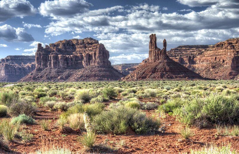 Red Rock Formations — Dramatic, Afternoon, Photograph, Desert, Shrubs