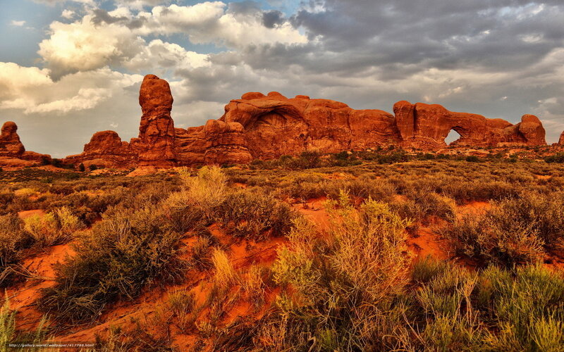 Red Rock Formations — Dramatic, Afternoon, Photograph, Desert, Sky, Clouds, Shrubs