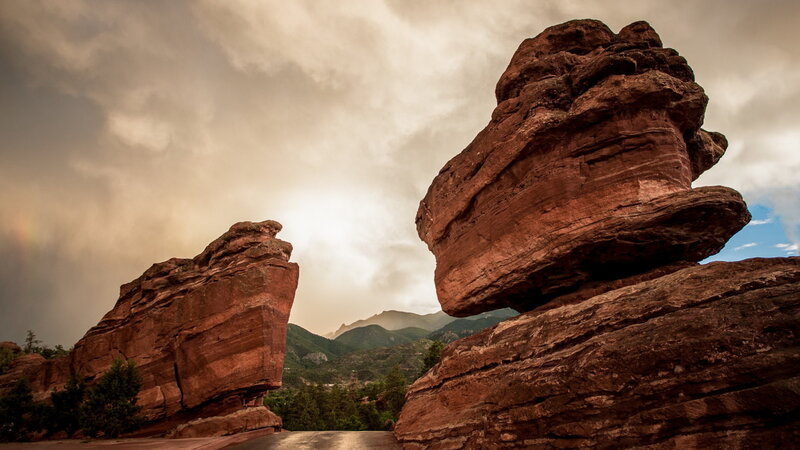 Red Rock Formations — Dramatic, Afternoon, Photograph, Mountains, Clouds, Rainbow
