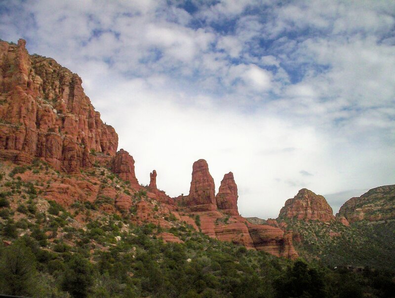 Red Rock Formations — Dramatic, Afternoon, Photograph, Mountains, Clouds, Vegetation, Green
