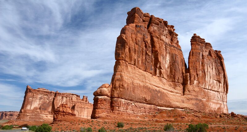 Red Rock Formations — Dramatic, Afternoon, Photograph, Sky, Car
