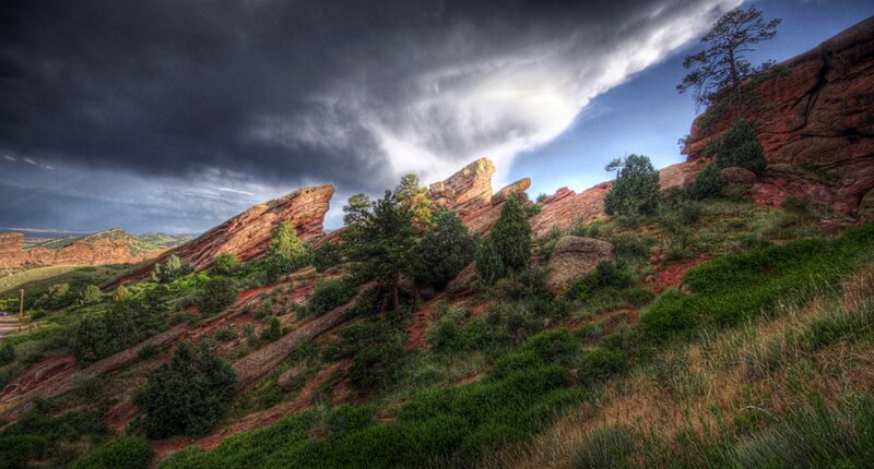 Red Rock Formations — Dramatic, Afternoon, Photograph, Trees, Clouds, Hills