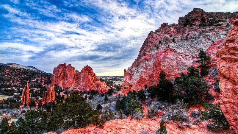 Red Rock Formations — Dramatic, Afternoon, Photograph, Trees, Mountains, Clouds