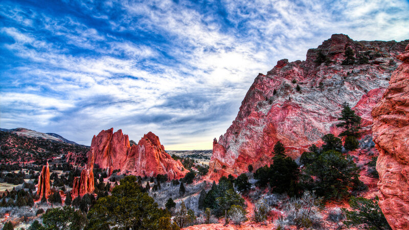 Red Rock Formations — Dramatic, Afternoon, Photograph, Trees, Mountains