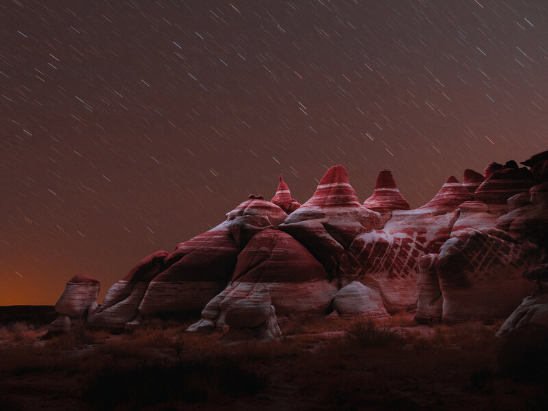 Red Rock Formations — Dramatic, Night, Photograph, Star Trails