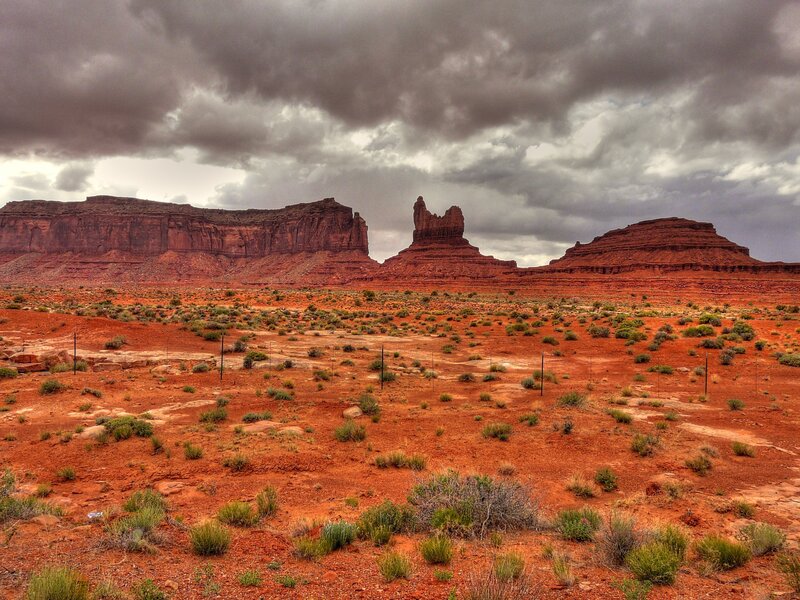 Red Rock Formations — Dramatic, Photograph, Desert, Clouds, Vegetation, Fence