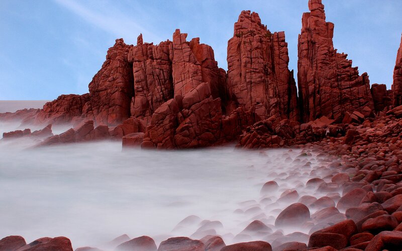 Red Rock Formations — Dramatic, Photograph, Ocean, Sky