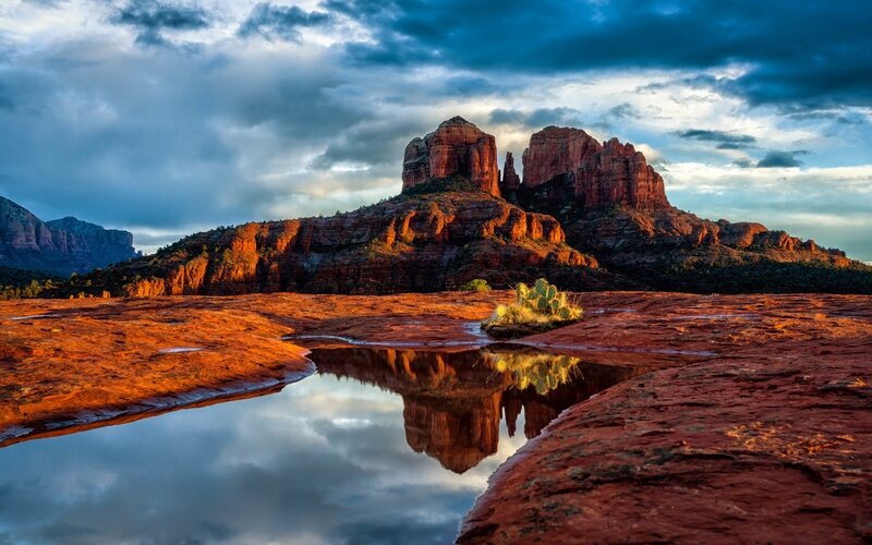 Red Rock Formations — Dramatic, Sunset, Photograph, Cactus, Puddle