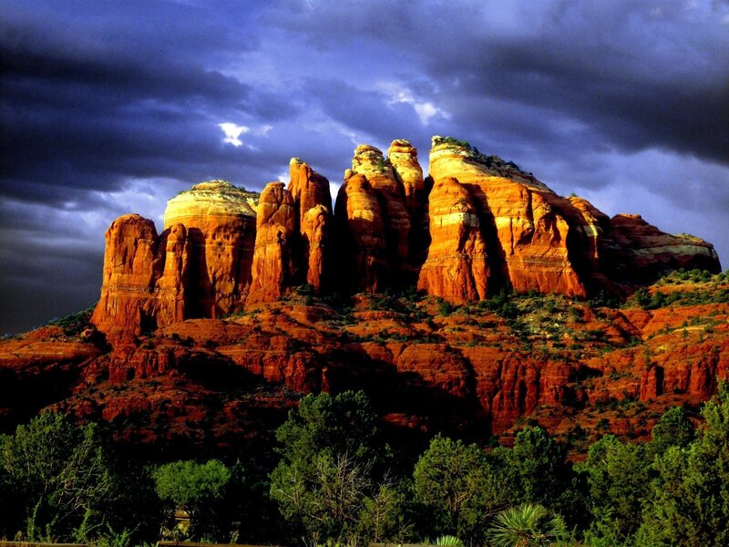 Red Rock Formations — Dramatic, Sunset, Photograph, Clouds, Trees, Mountain