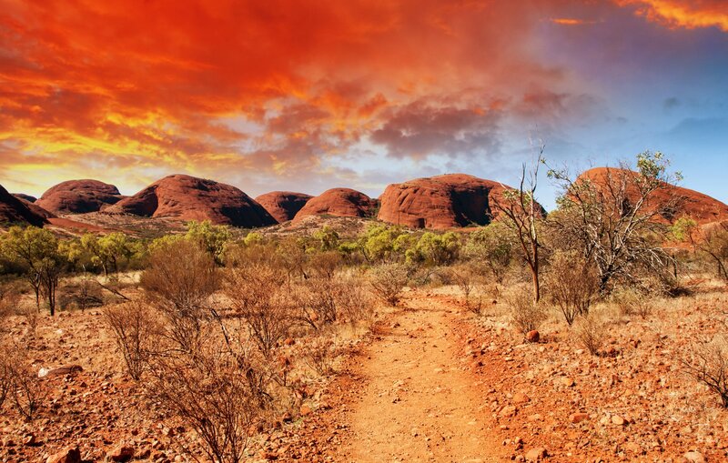 Red Rock Formations — Dramatic, Sunset, Photograph, Dirt Path