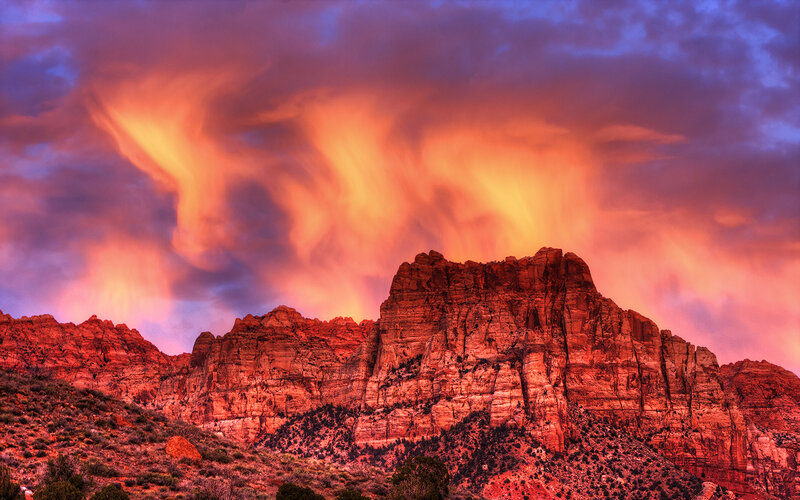 Red Rock Formations — Dramatic, Sunset, Photograph, Mountains, Sky, Clouds