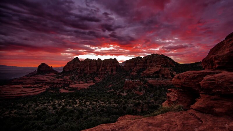Red Rock Formations — Dramatic, Sunset, Photograph, Mountains, Sky, Trees