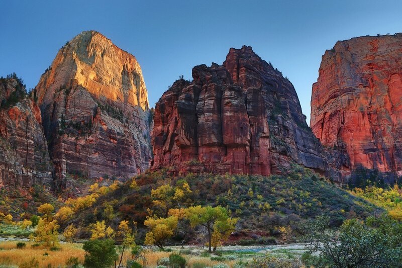 Red Rock Formations — Dramatic, Sunset, Photograph, Mountains, Trees, River, Blue
