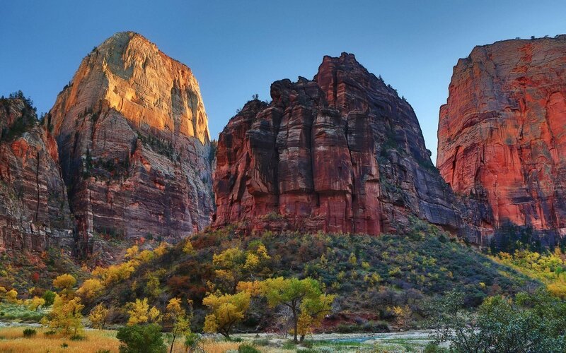 Red Rock Formations — Dramatic, Sunset, Photograph, Mountains, Trees, River