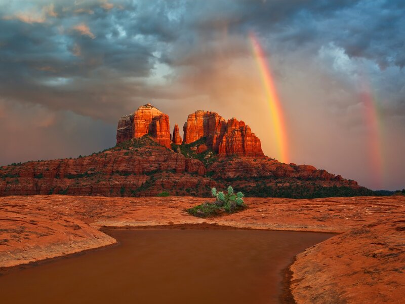 Red Rock Formations — Dramatic, Sunset, Photograph, Rainbow, Cactus, Clouds, Orange, Blue