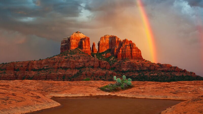 Red Rock Formations — Dramatic, Sunset, Photograph, Rainbow, Cactus, Clouds