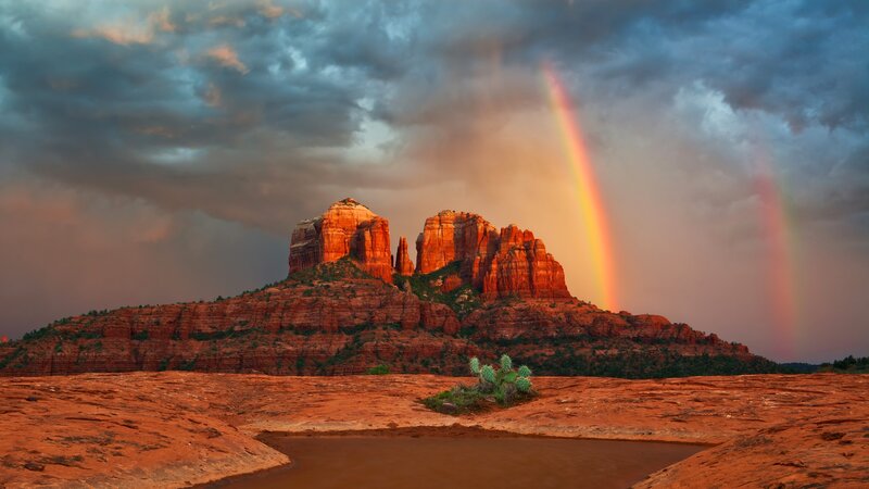 Red Rock Formations — Dramatic, Sunset, Photograph, Rainbow, Clouds