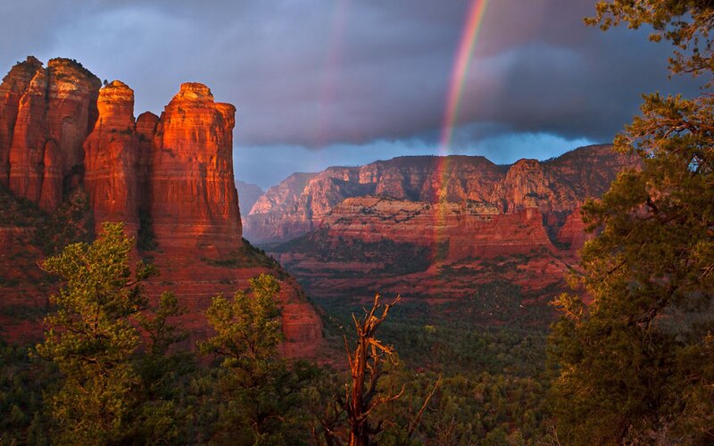 Red Rock Formations — Dramatic, Sunset, Photograph, Rainbow, Trees, Mountains