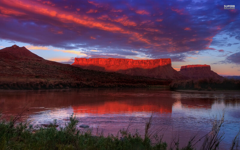 Red Rock Formations — Dramatic, Sunset, Photograph, River, Sky