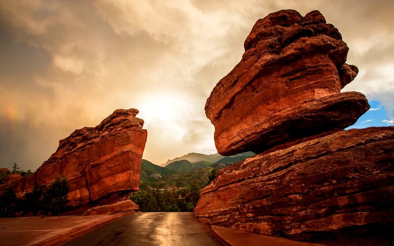 Red Rock Formations — Dramatic, Sunset, Photograph, Road